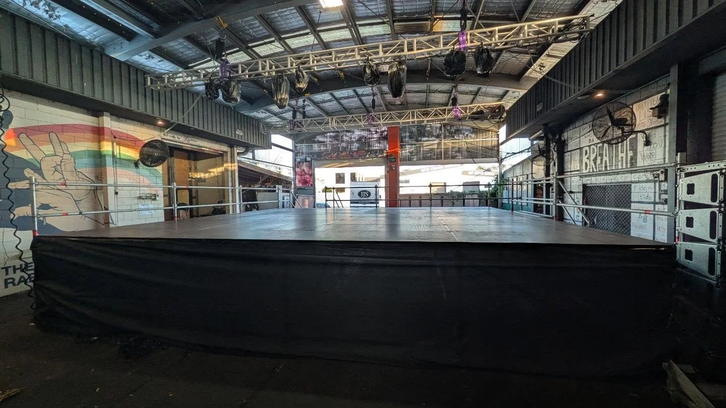 Our 8.3x7.7m Layher Scaffold Stage ready for @dopelemonmusic @miamimarketta for @sessionssurffestival