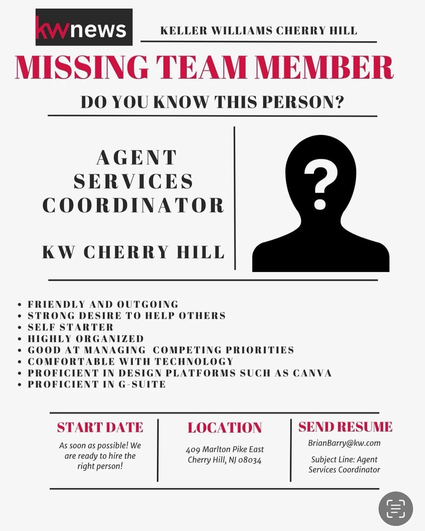 🚨 We&rsquo;re Hiring! 🚨 

Keller Williams Cherry Hill is searching for an Agent Services Coordinator to join our team! If you&rsquo;re friendly, organized, tech-savvy, and love helping others, this could be the perfect fit for you.

📍 Location: Ch