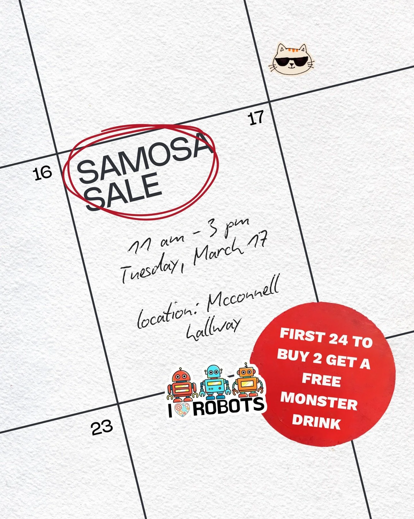 Samosa sale tomorrow 🕺 Come support us by buying yourself a delicious snack! Also&hellip; the first 24 people to buy 2 samosas get a free Monster energy drink #yum