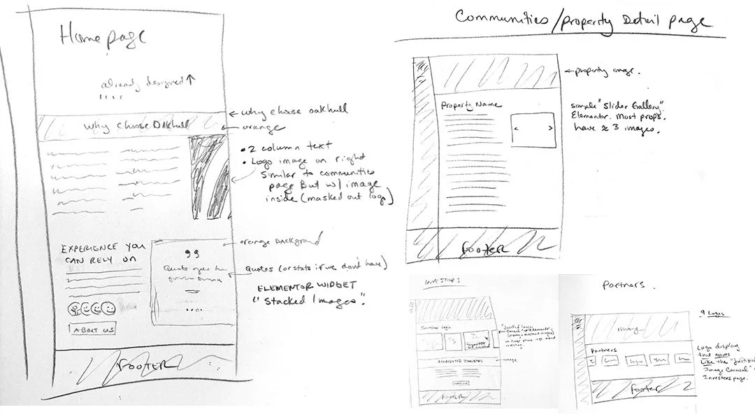Oakhull website low-fidelity wireframes
