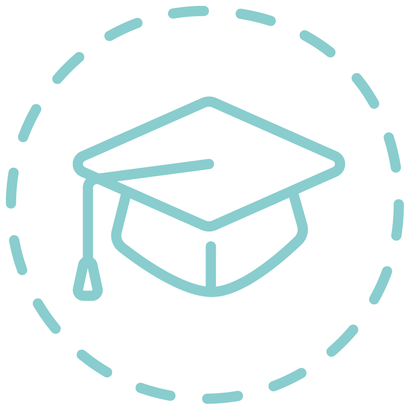 Icon of a graduation cap with a dotted circle around it.