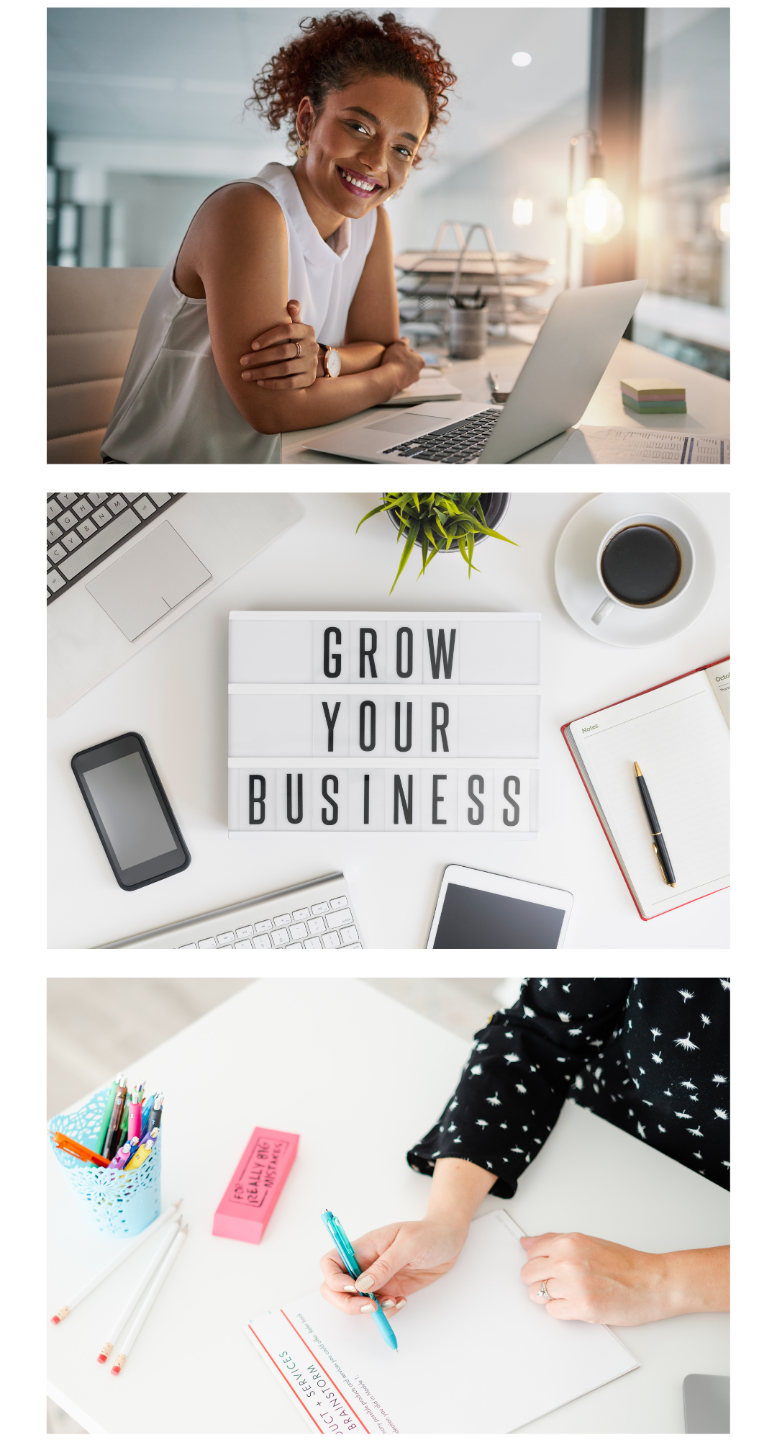 A smiling woman sitting at a desk in an office, with a laptop and office supplies, looking at the camera.