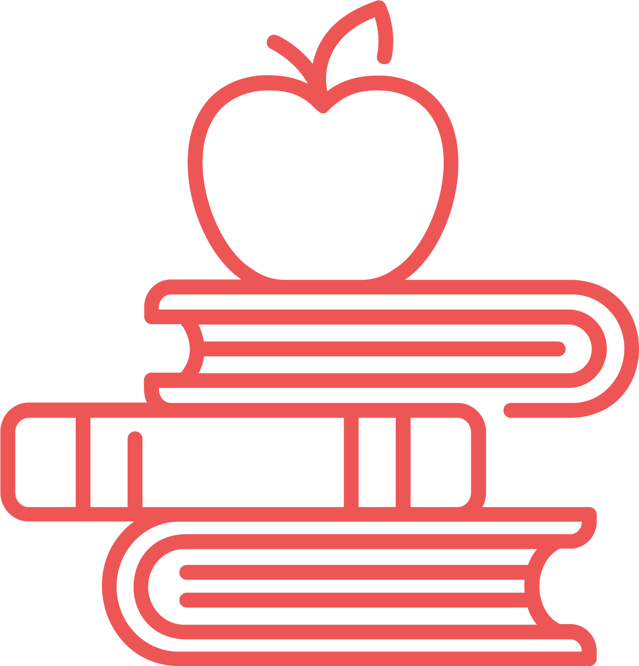 Outline drawing of a stack of books with an apple on top.