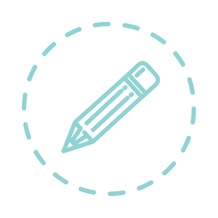 Outline illustration of a pencil with dashed circle border.