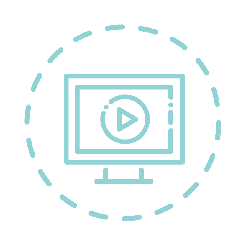 Icon of a computer monitor with a play button on the screen, surrounded by a dashed circular line.