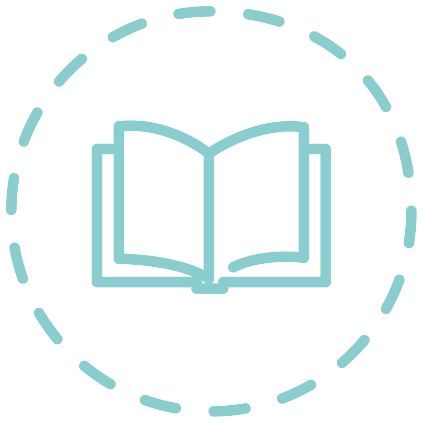 Icon of an open book inside a dashed circular outline.