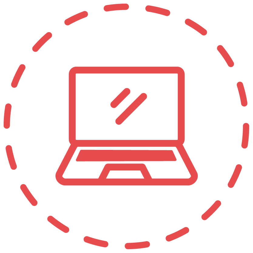 Icon of a laptop computer with a dashed circular border around it.