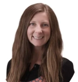 A woman with long, wavy brown hair smiling at the camera, wearing a black top.