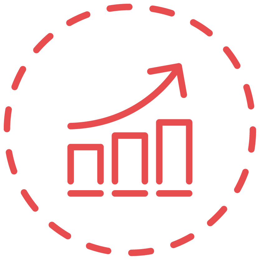 A rising bar graph with an upward arrow inside a dotted circle.