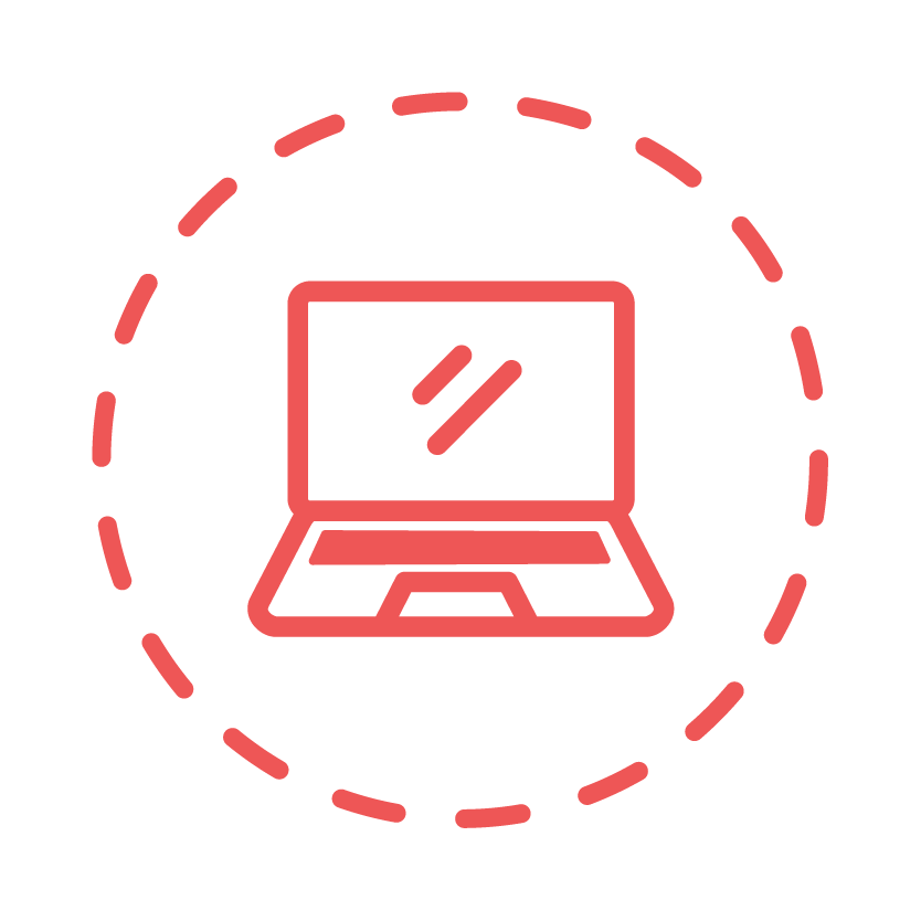 Icon of a laptop inside a dashed circle.