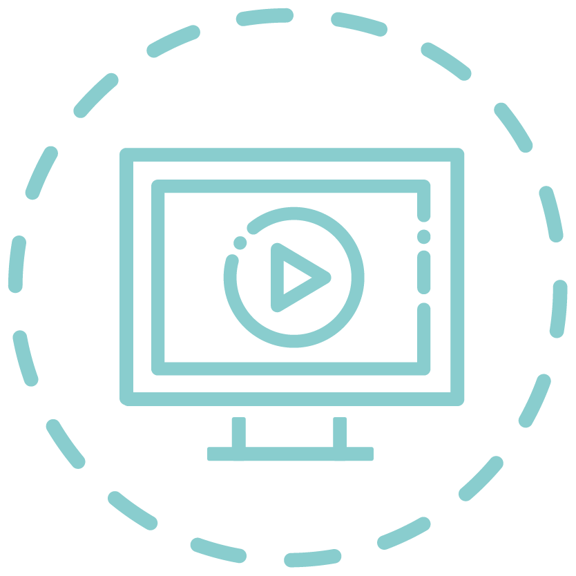 Line drawing of a computer monitor displaying a video play icon, with a dotted circle around it.