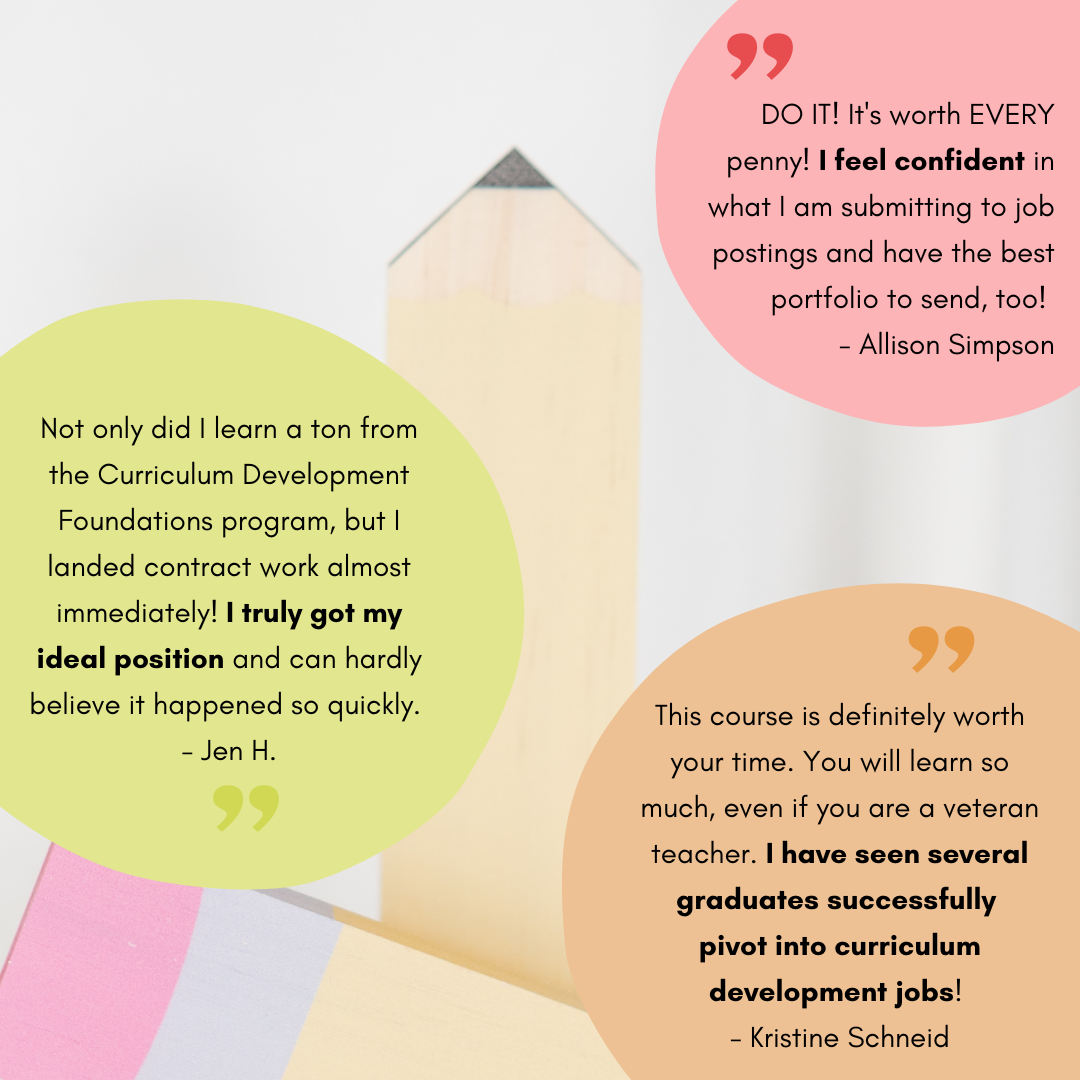 Quotes from students on colorful background with pink, green, and orange speech bubbles.