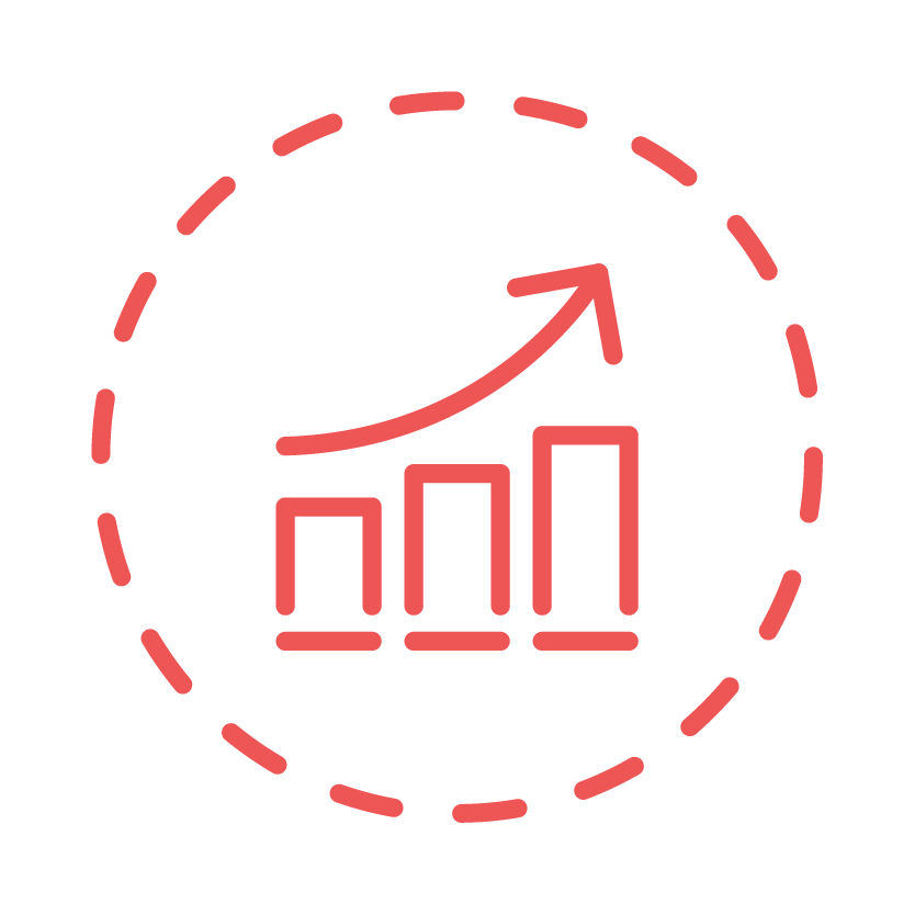 Red line drawing of a bar chart with an upward arrow inside a dashed circle, symbolizing growth or success.