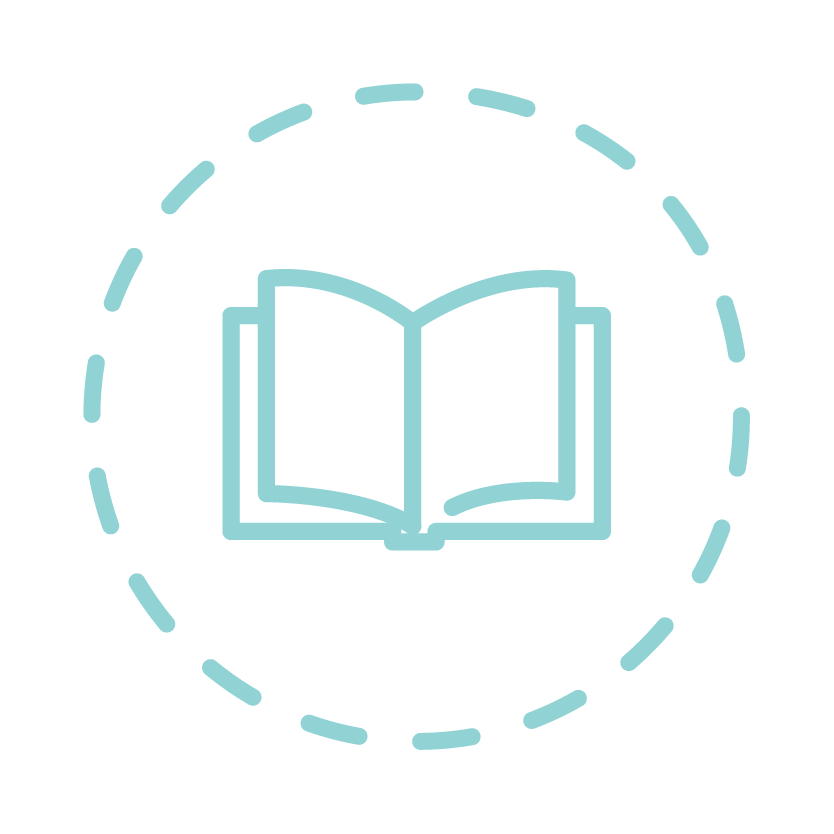 Open book icon inside a dashed circle on a white background.