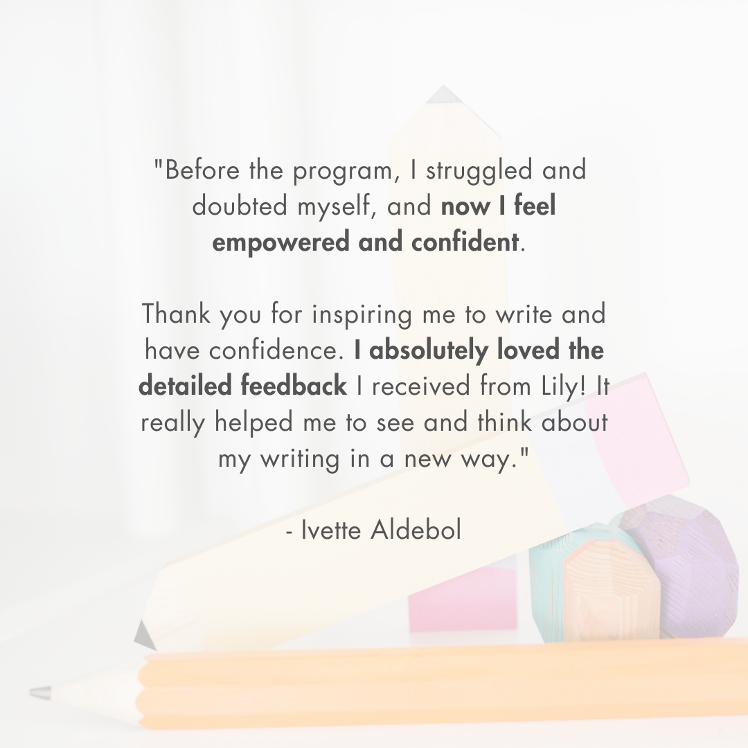 Testimonial quote on a light background about feeling empowered and confident after a program, with a pencil and colorful wooden blocks in the background.