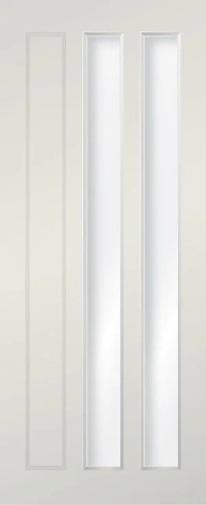 Three vertical white closet doors with recessed panels