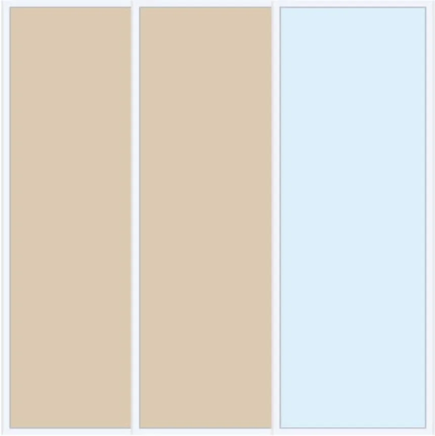 Three vertical panels: the left and middle panels are beige, and the right panel is light blue.
