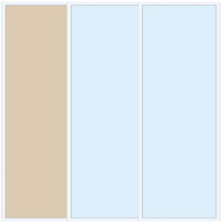 A three-panel abstract artwork with a beige section on the left and two light blue sections on the right.