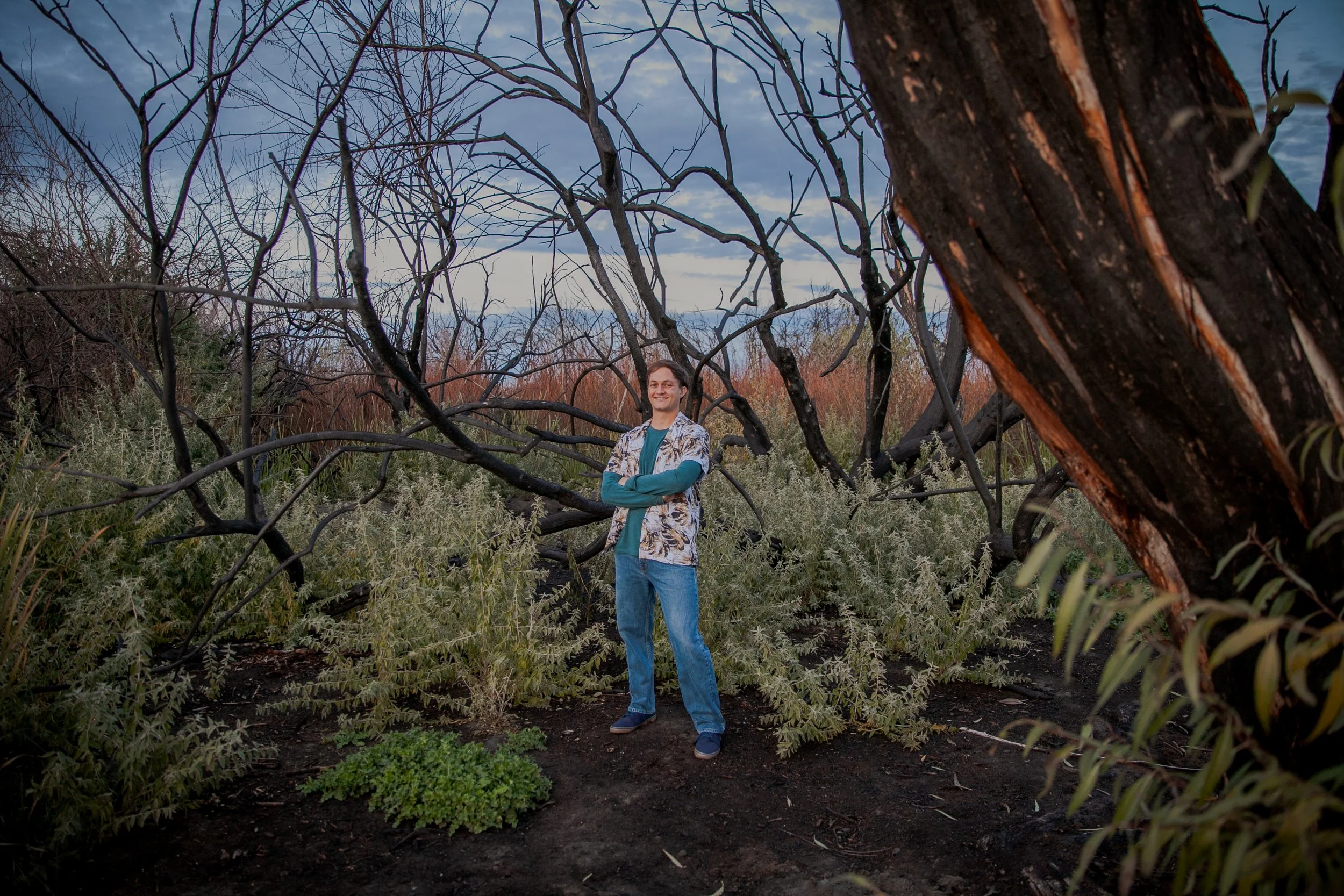 A man standing outdoors in front of a large, fallen tree with sprawling branches and burnt bark. The ground is covered with green and grey plants, and the background shows a partly cloudy sky and trees.