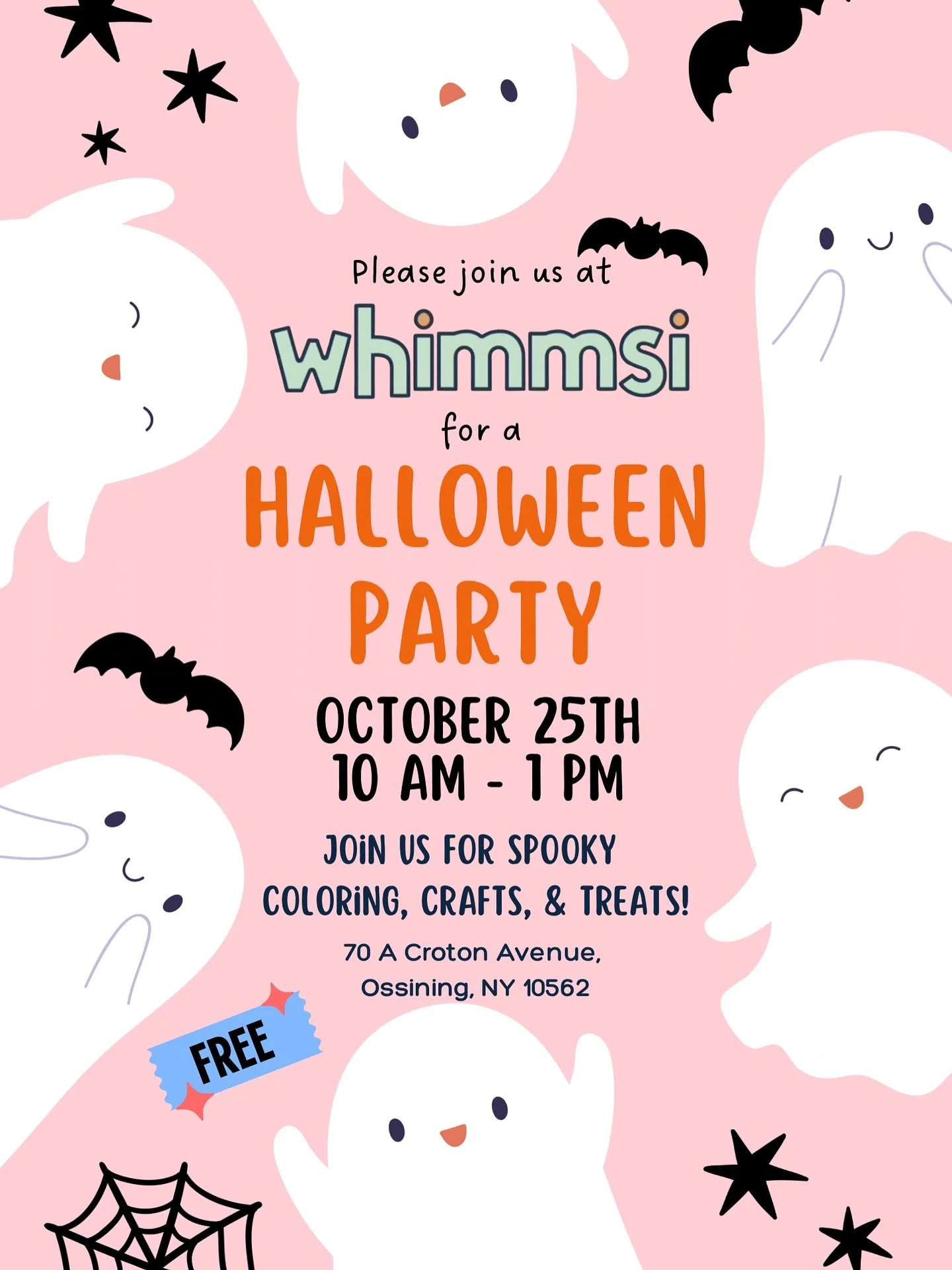 Please join us at Whimmsi for a Halloween Party! Pop in for spooky coloring, crafts, &amp; treats. We will be open from 10AM - 1PM.