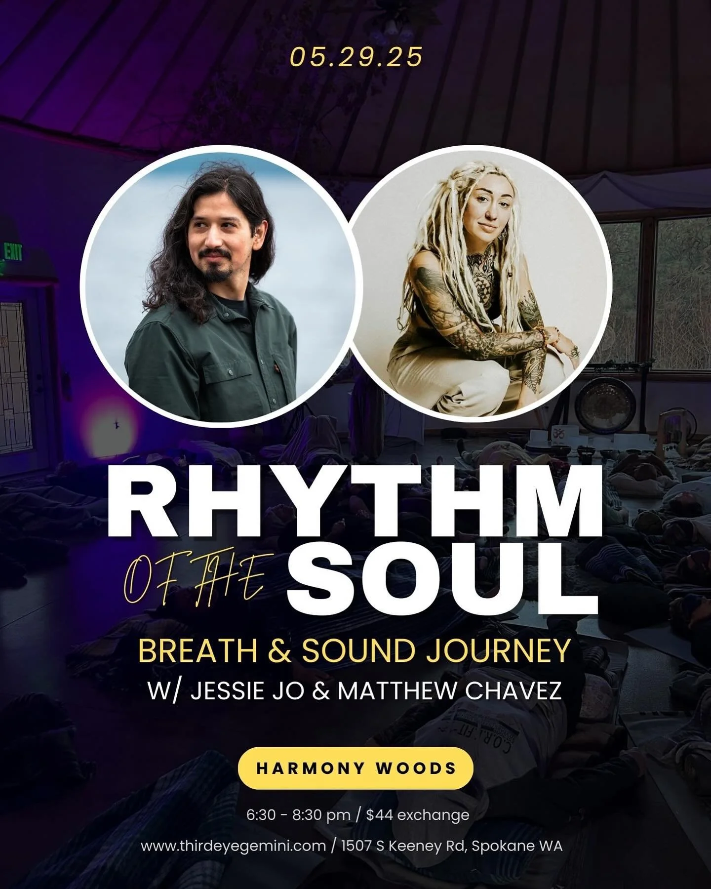 Next up Rhythm of Soul with Matt Chavez! 🌬️

Embark on a transformative two-hour journey blending breathwork and a sound bath to nurture healing and deep relaxation. Start with guided breathwork to release tension, boost oxygenation, and quiet the m