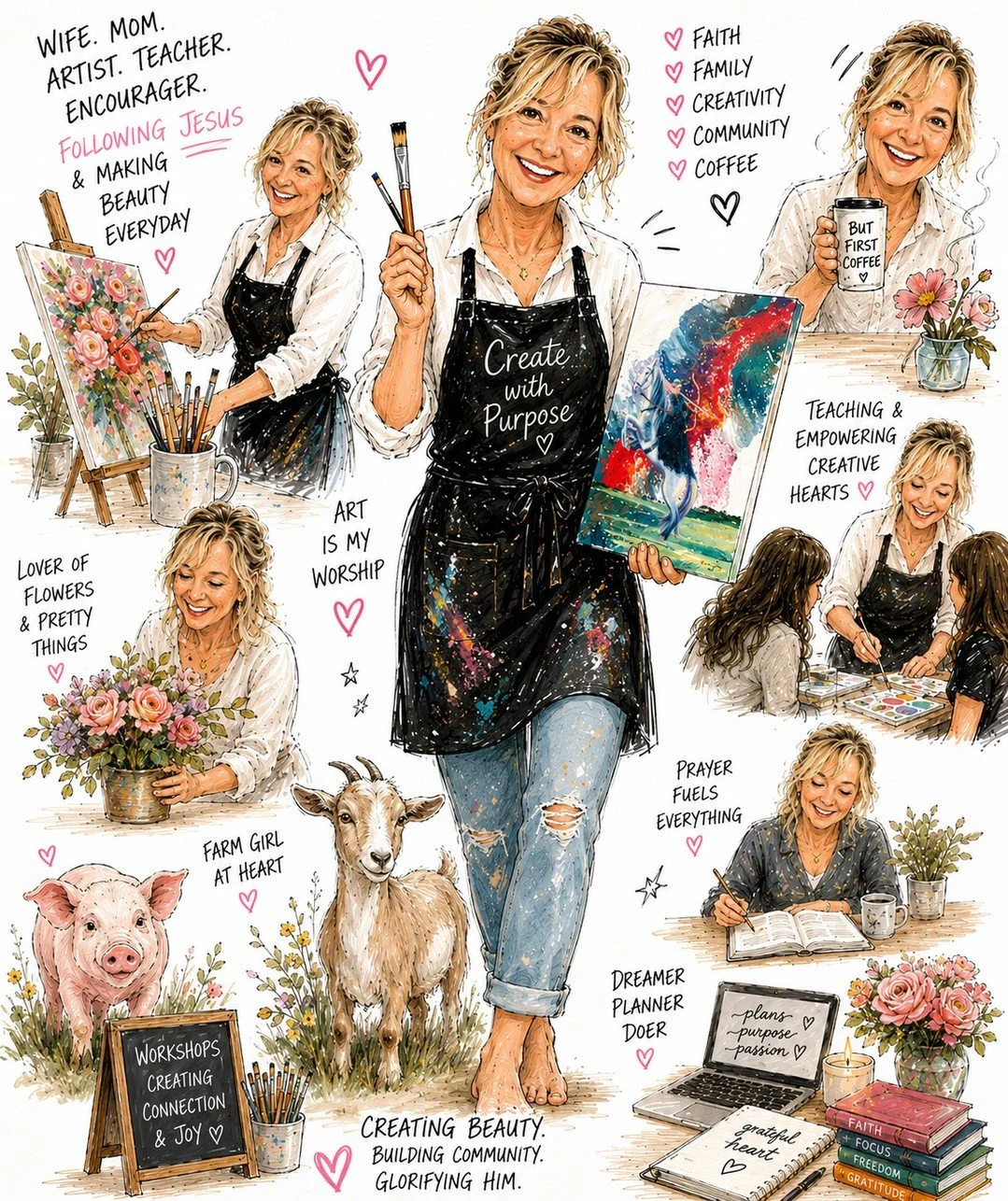 How does this little caricature version of me capture my whole personality? 😂🎨💛⁠
⁠
A little paint, a little coffee, a little farm life, lots of flowers&hellip; and a whole lot of creating beauty for His glory. Grateful for this creative life, the 
