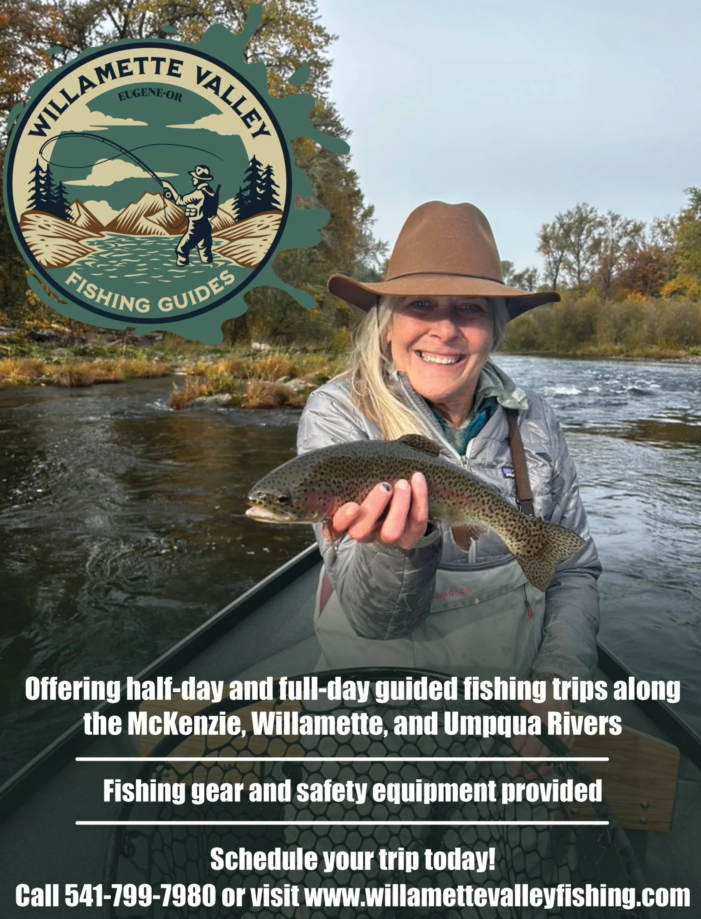 An ad for Willamette Valley Fishing Guides featuring a woman in a boat holding a rainbow trout.