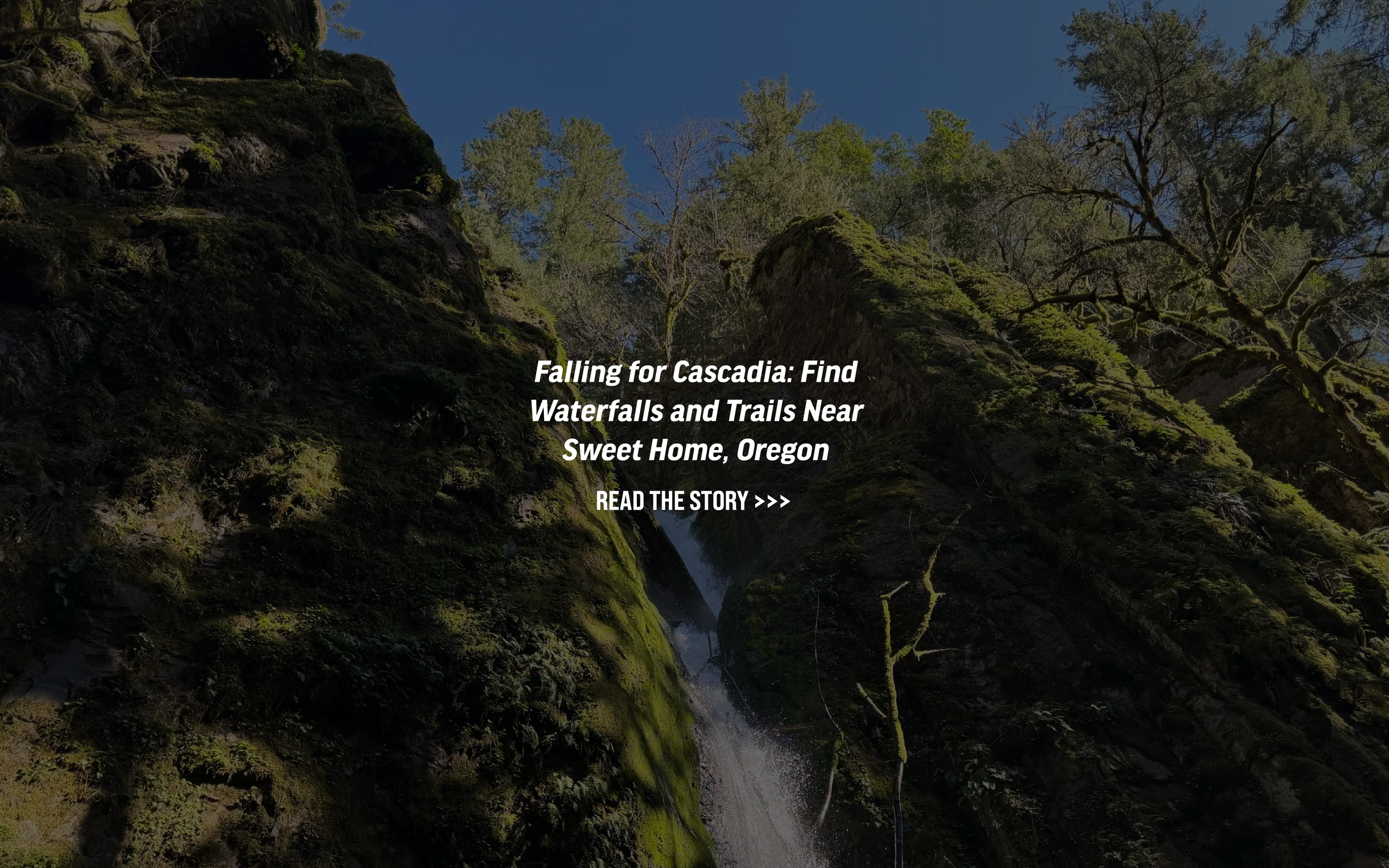 Image of a waterfall. Text reads falling for Cascadia find waterfalls and trails near Sweethome, oregon.