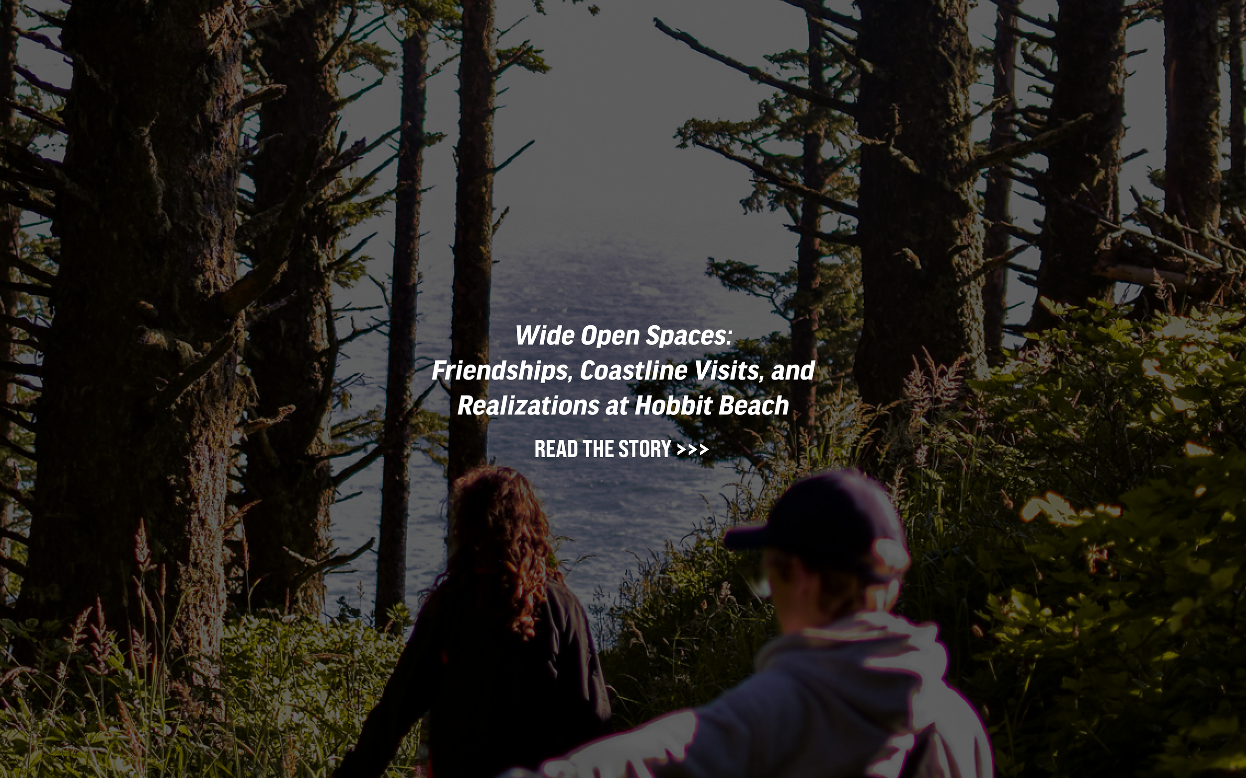 Two people walking in the woods towards the pacific ocean. 
