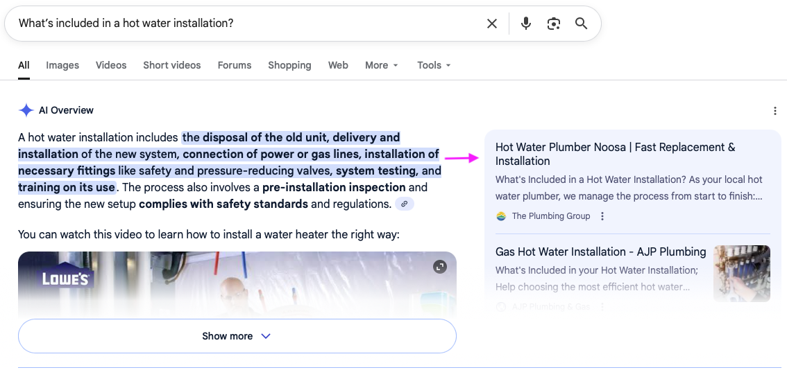 example - TPG related queries in AI overview