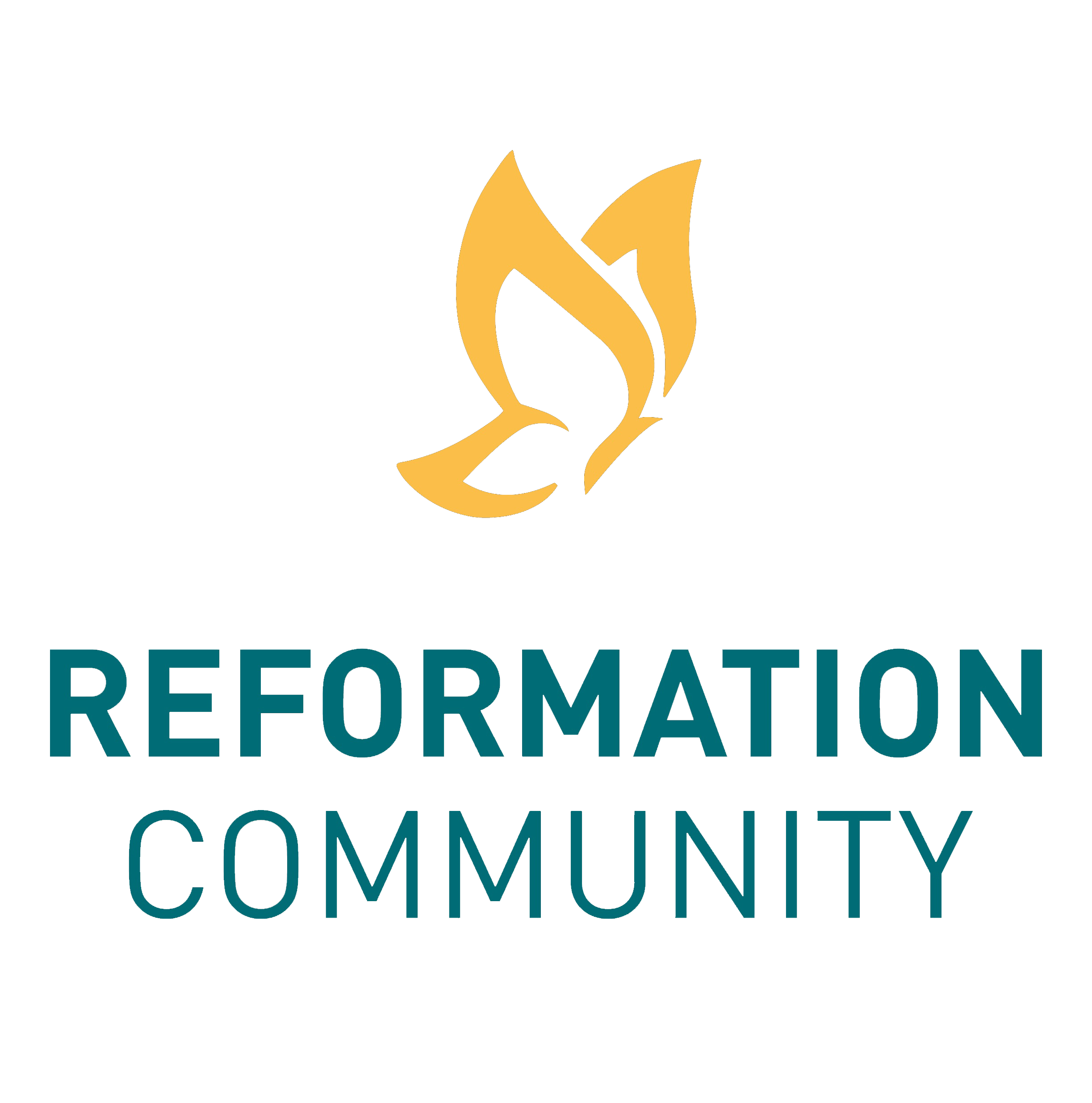 Black background with a stylized flame logo in gold and teal, and words related to community development.
