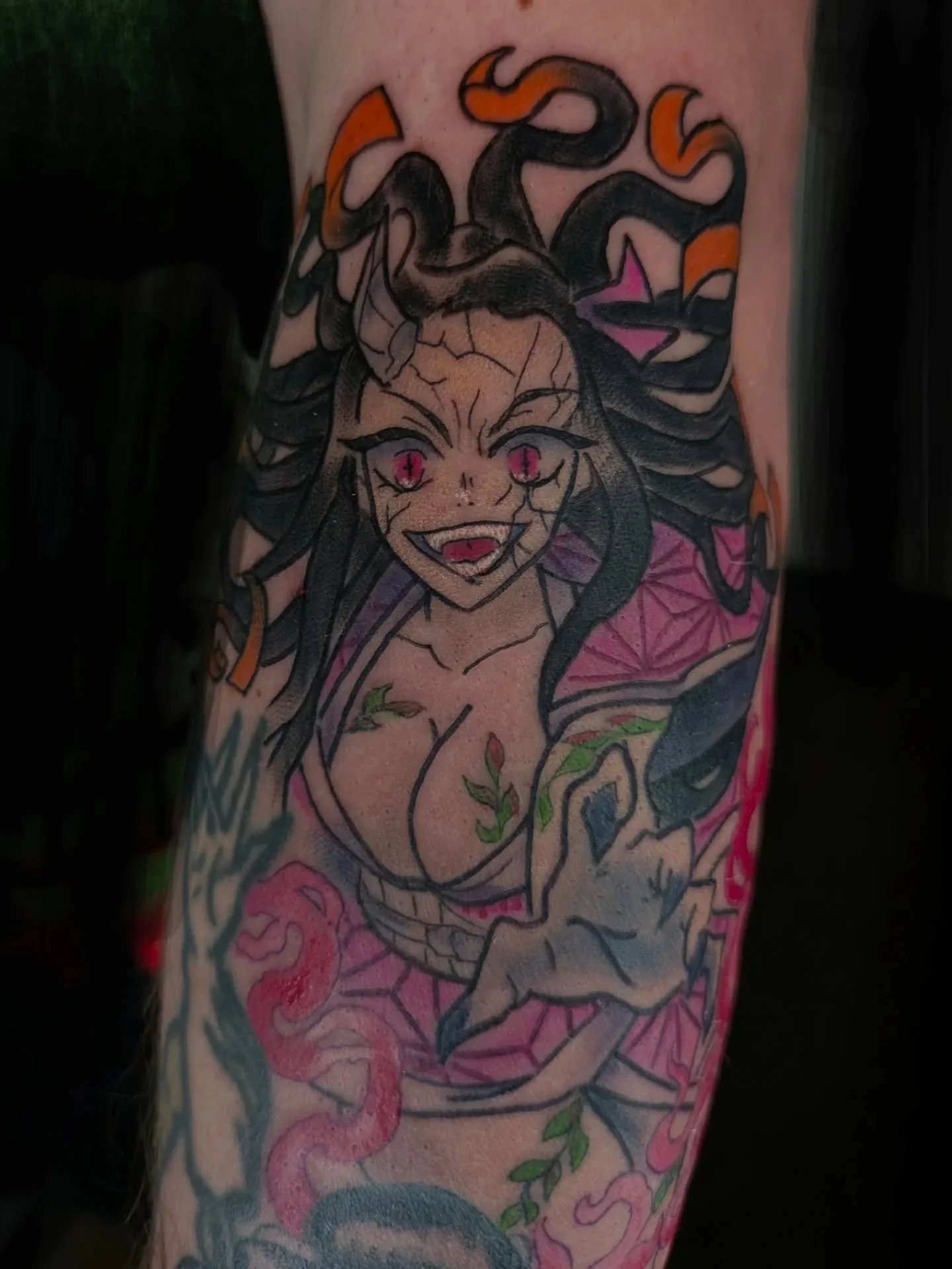 Nezuko! 

Full colored Nezuko demon babe version out to break your neck probably. 

Swipe to see the unedited versions and the healed frankenbabe! See? I do multiple styles of monster girls. 

Can't wait to add to this babe sleeve. ❤️👍🎉
