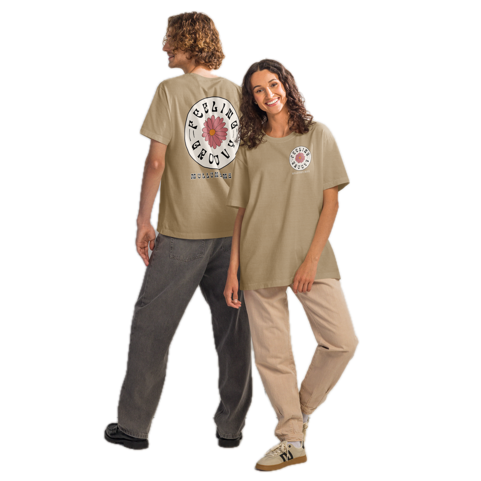 Flower Badge Tee khaki front and back.png
