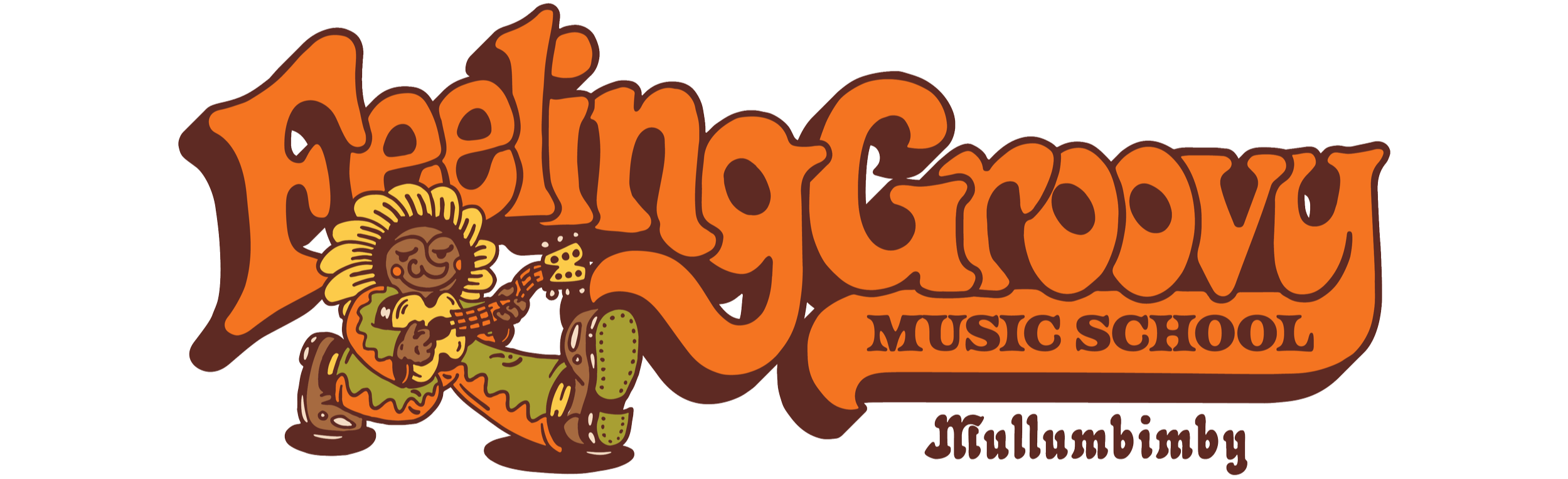 Colorful logo for Feeling Groovy Music School in Mullumbimby, featuring a cartoon sunflower dude playing a guitar.