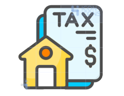 Illustration of a house and a tax document with a dollar sign.