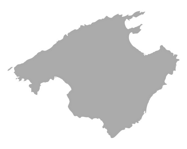 A line drawing of an island map with different landmasses and water surrounding it.