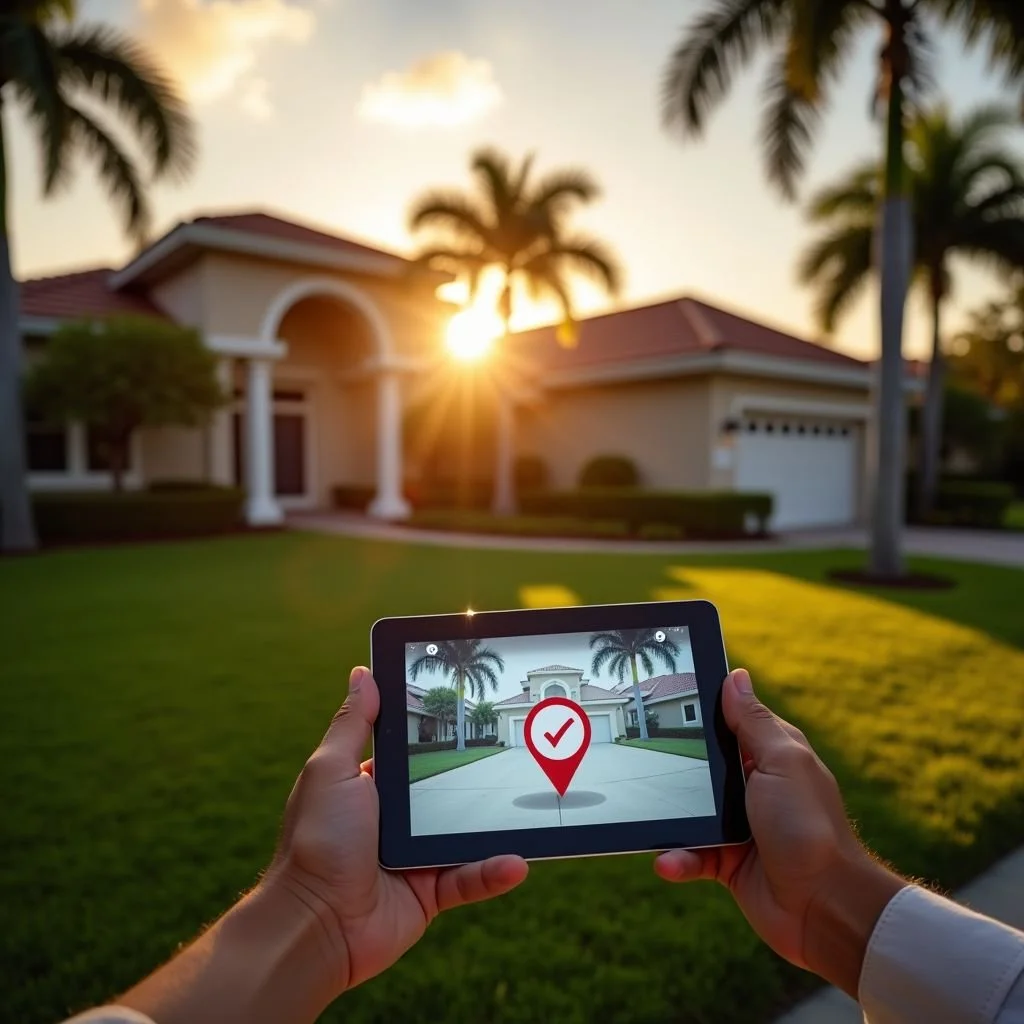 A luxury house and a person who holds a tablet with a picture of the house