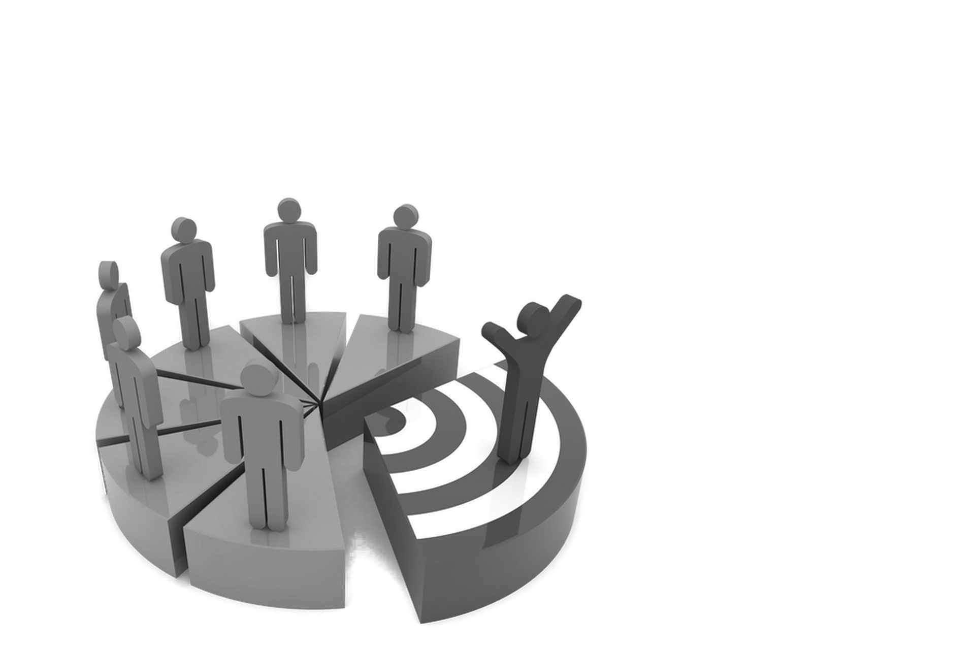A 3D digital illustration of a grey, circular pie chart with six segments. Five grey human figures stand on individual segments, and a larger grey figure stands on the outer edge, pointing towards the figures. The pie chart has concentric circles in the background.