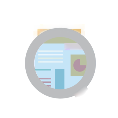 A magnifying glass focusing on a colorful chart or infographic with various graphs and data visualizations.