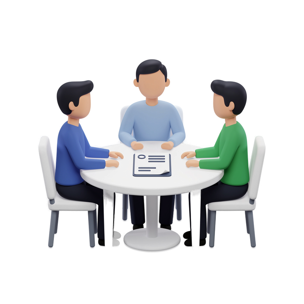 Three animated characters having a meeting at a round table, with a document on the table