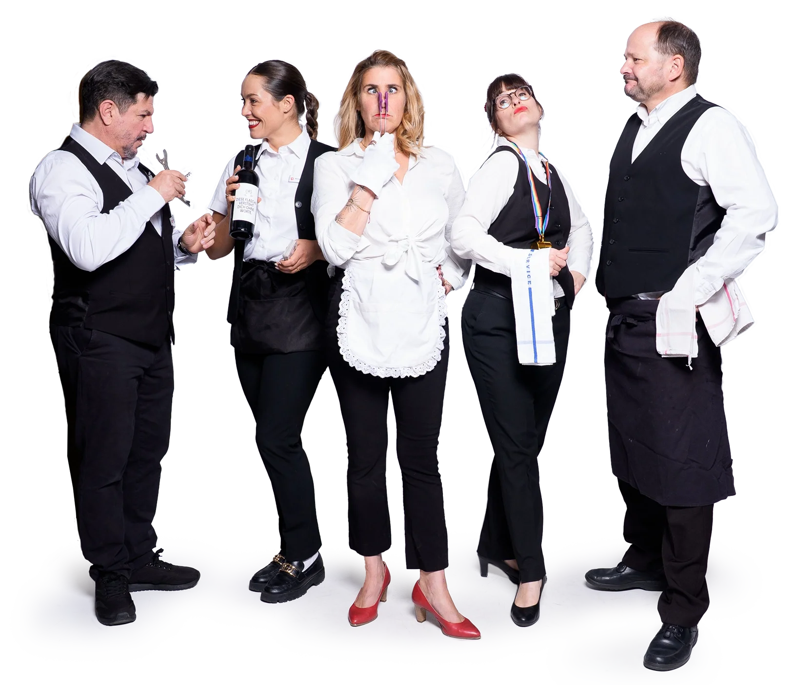 Fünf komische humorvolle Kellner in schwarzer und weißer Arbeitskleidung, die unterschiedliche Posen einnehmen, auf einem weißen Hintergrund.