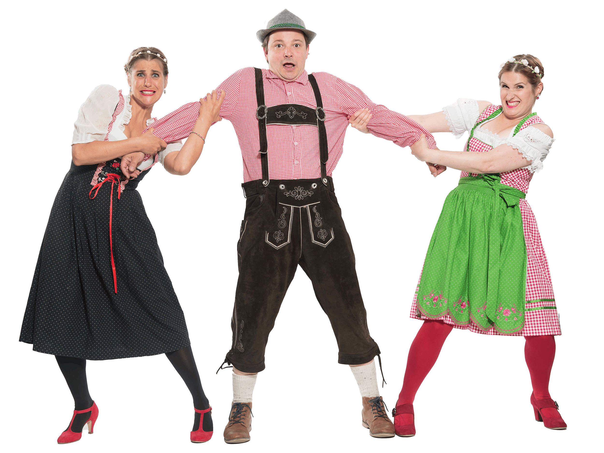 Drei Menschen in bayerischer Trachtenkleidung, die sich an den Armen festhalten und eine komödiantische Szene darstellen.