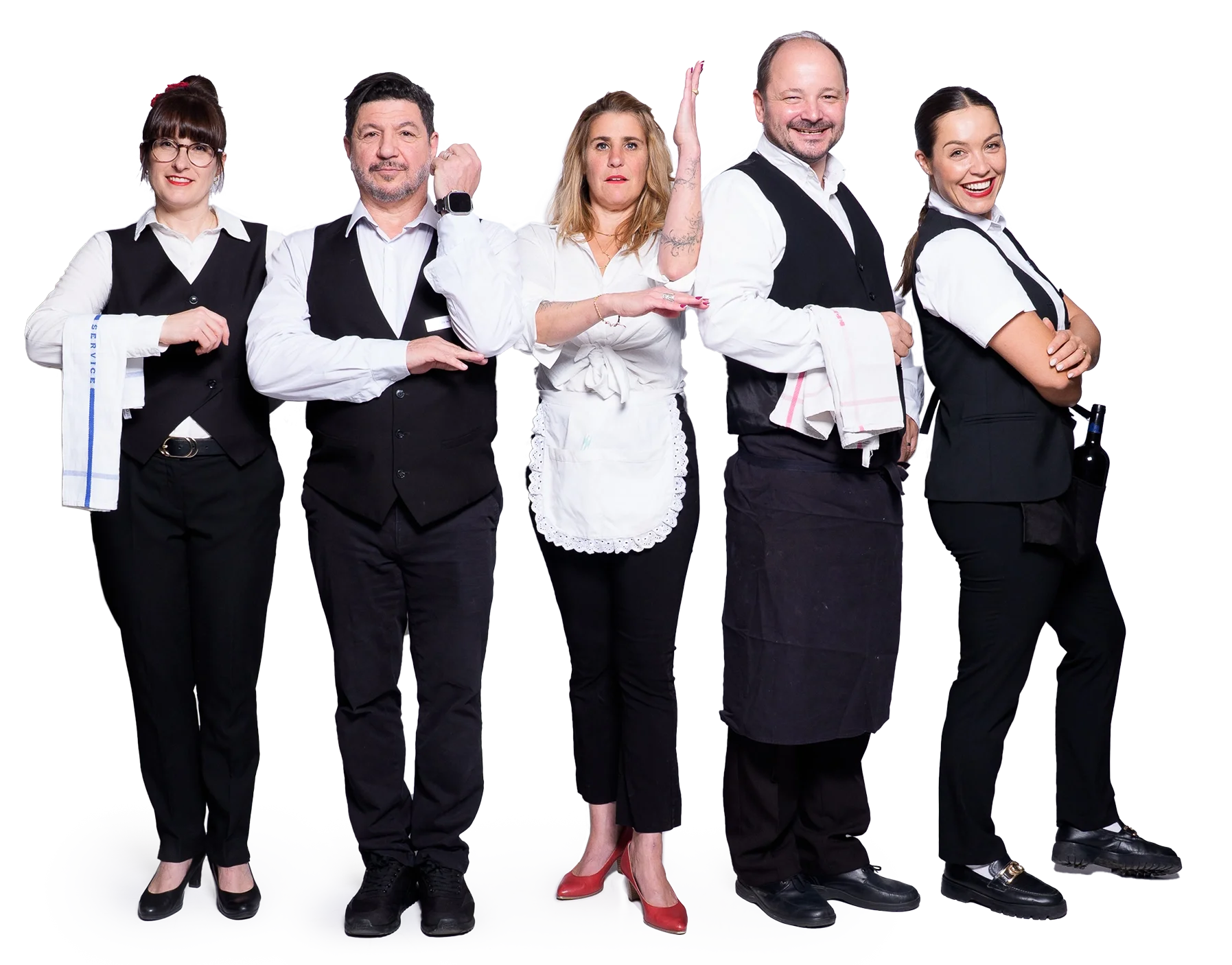 Sieben humorvolle komische Kellner in schwarzen Dienst-Kleidern und weißen Hemden, die als Servicepersonal oder Kellner gekleidet sind, stehen vor einem neutralen Hintergrund. Sie zeigen verschiedene Posen und Ausdrücke.