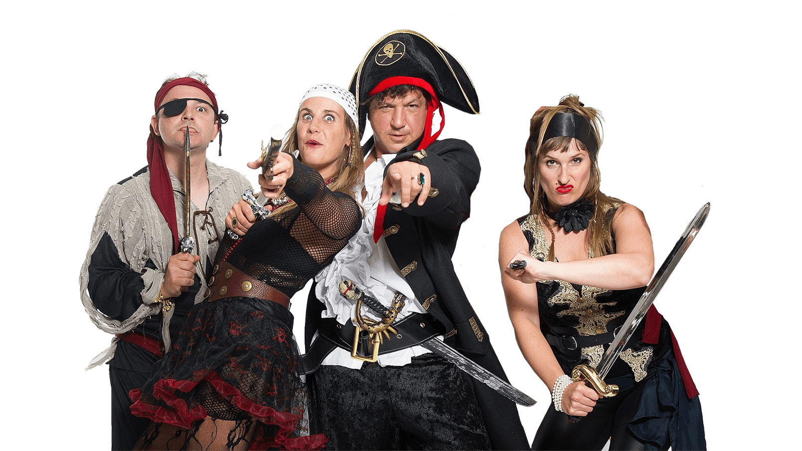 Vier Komiker in Piratenkostümen, mit Schwertern, mit unterschiedlichen Gesichtsausdrücken