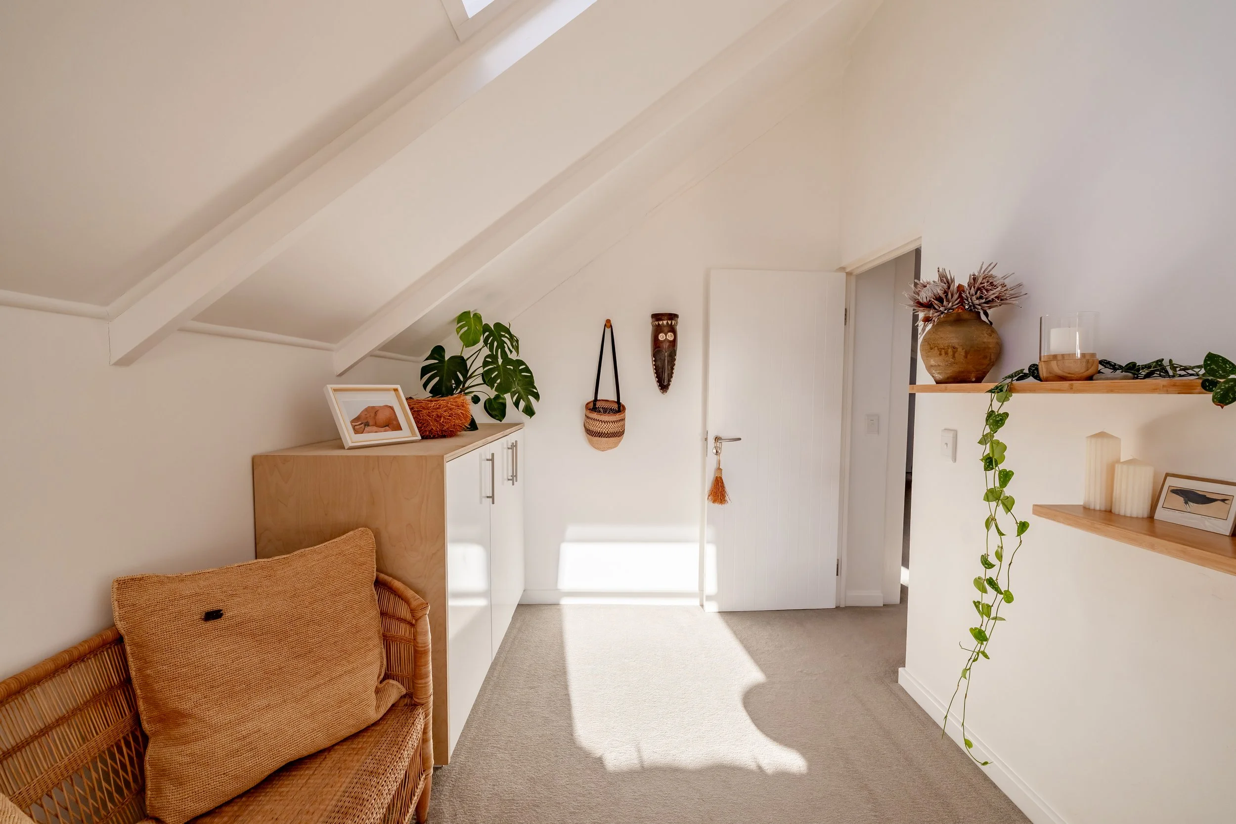 Calm and neutral interior styling photographed for Airbnb listing in Cape Town