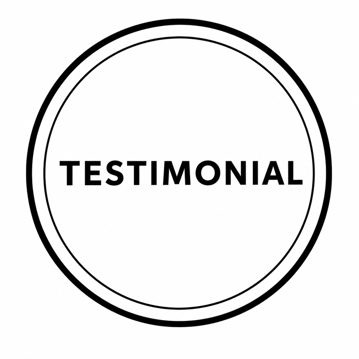 Black and white circular badge with the word 'TESTIMONIAL' in the center.
