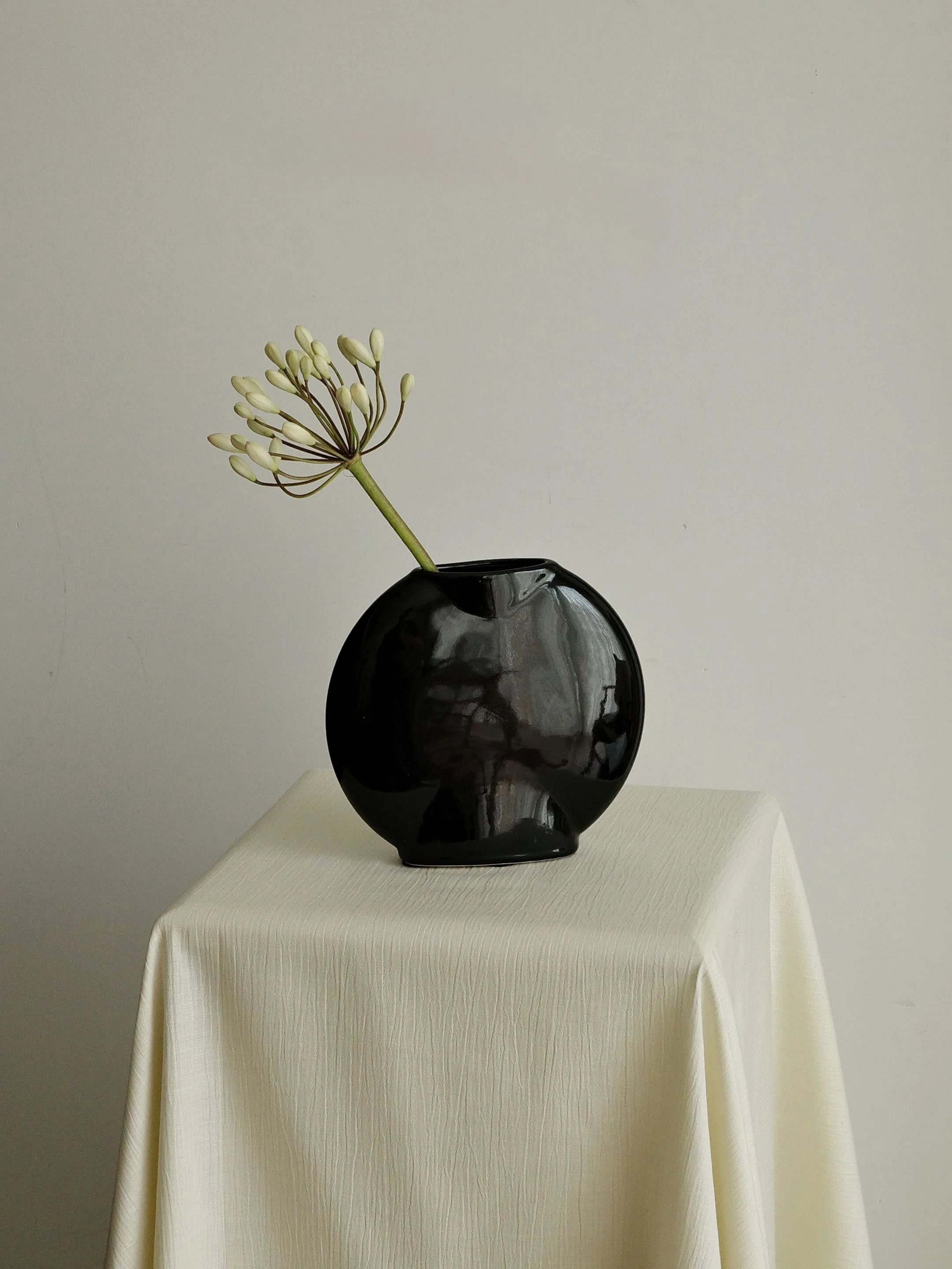 High-Gloss Black Disc Ceramic Vase