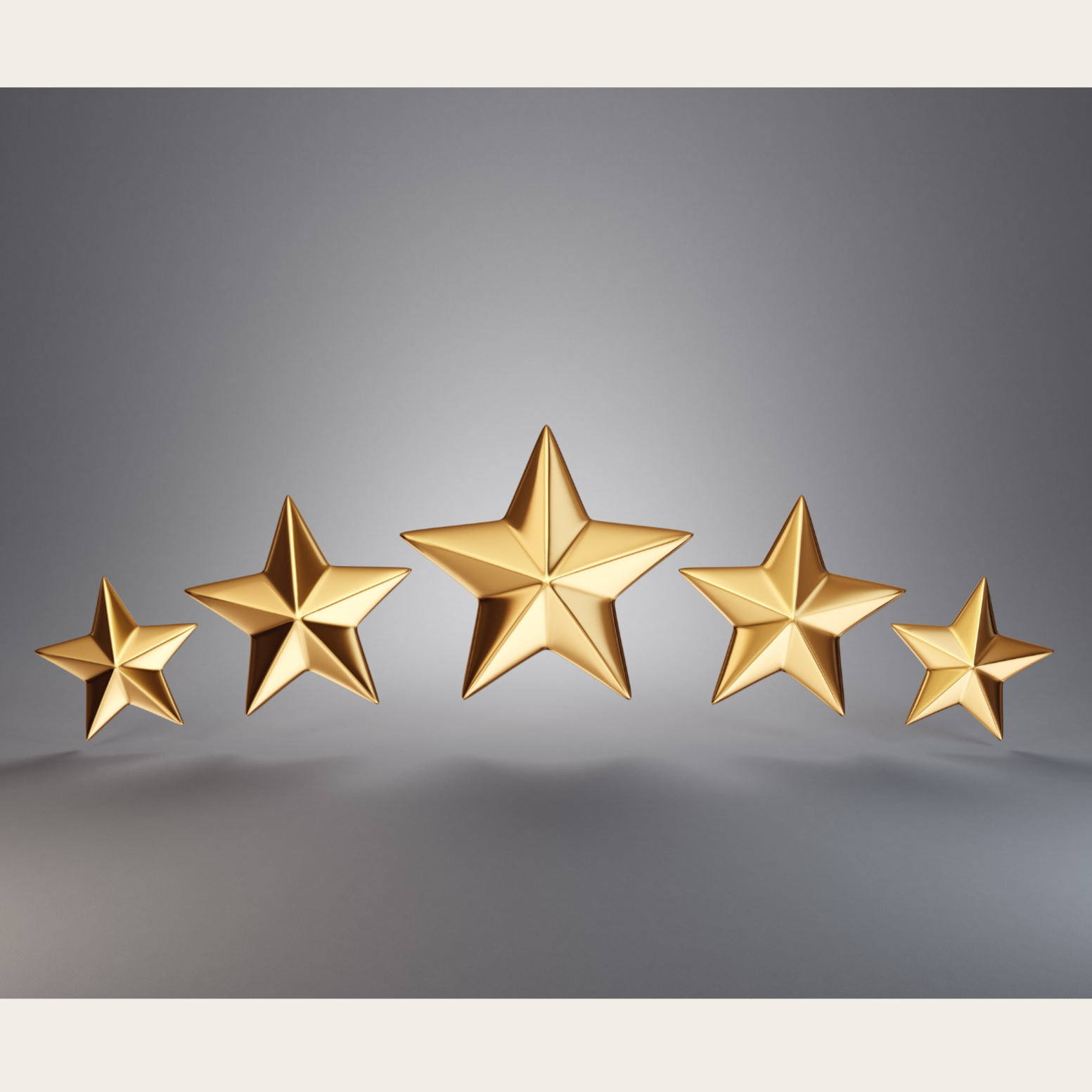 Five gold stars arranged in a line on a grey background, with the center star being larger.