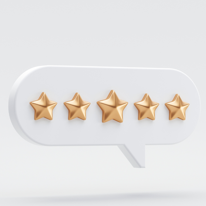 Five gold star-shaped objects arranged in a speech bubble sign on a white background.