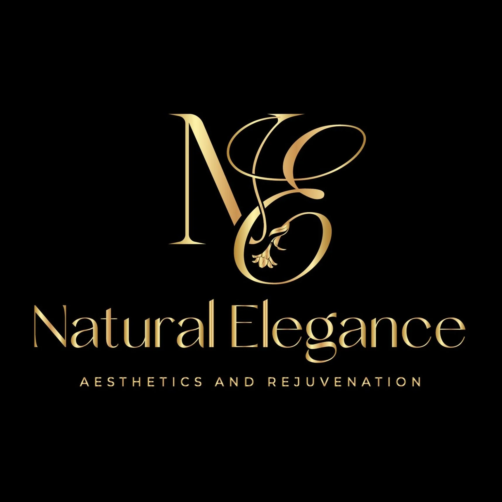 Logo for Natural Elegance, featuring a stylized gold letter 'N' and 'E' intertwined, with the tagline 'Aesthetics and Rejuvenation' in gold text on a black background.